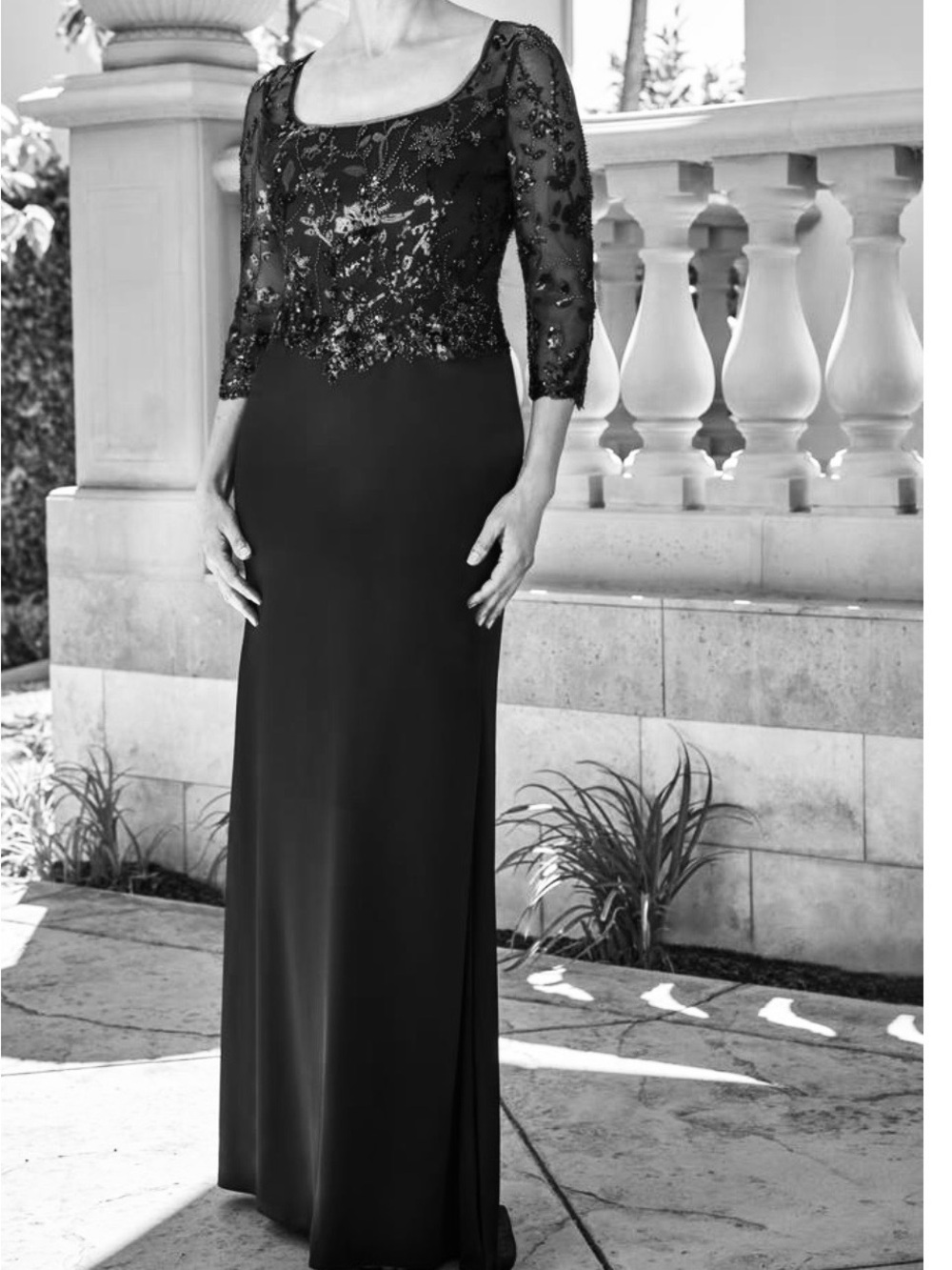 Beaded Black Long-Sleeve Evening Dress